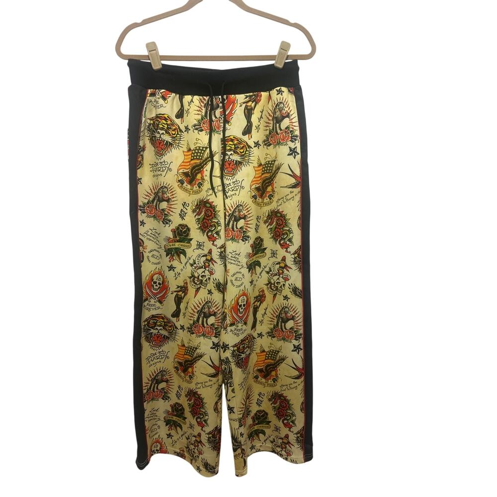 Ed Hardy Flashboard Tattoo Print Multi Color Pockets Sweat Track Pants M *Flaw